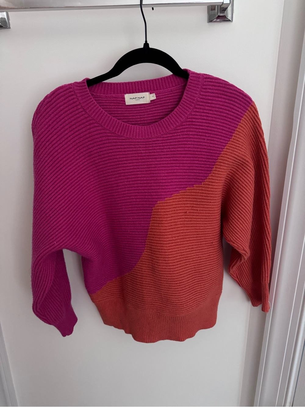 NAF NAF Magenta and Coral Colorblock Ribbed Crewneck Sweater
